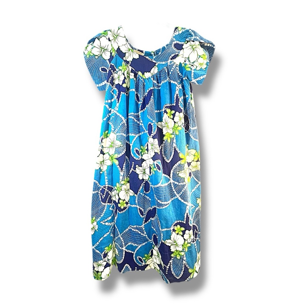 POLYNESIAN BAZAAR VINTAGE Maxi Dress in Blue, Green & White Floral scoop neck